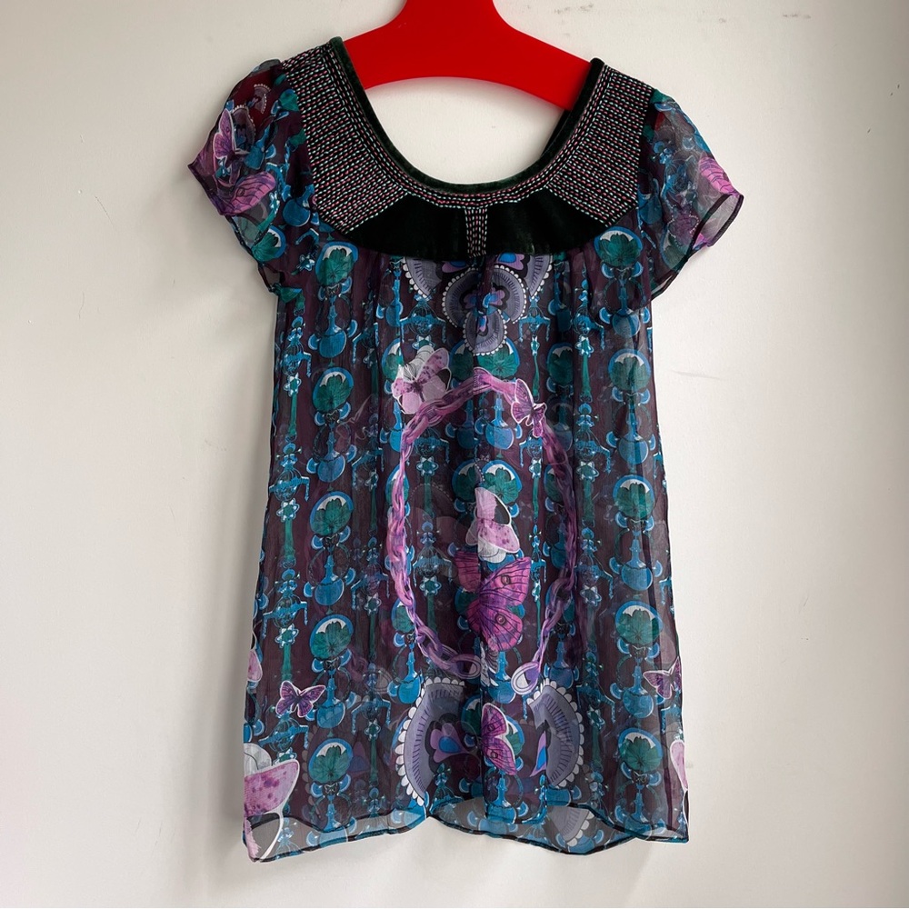 90s Custo Barcelona Jewel Tone Sheer Women's Top with Velvet & Embroidery